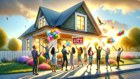 DALL·E 2024-03-01 11.30.35 – A vibrant, welcoming scene depicting the excitement of buying a new home in 2024, highlighting the benefits of lower interest rates. The image should